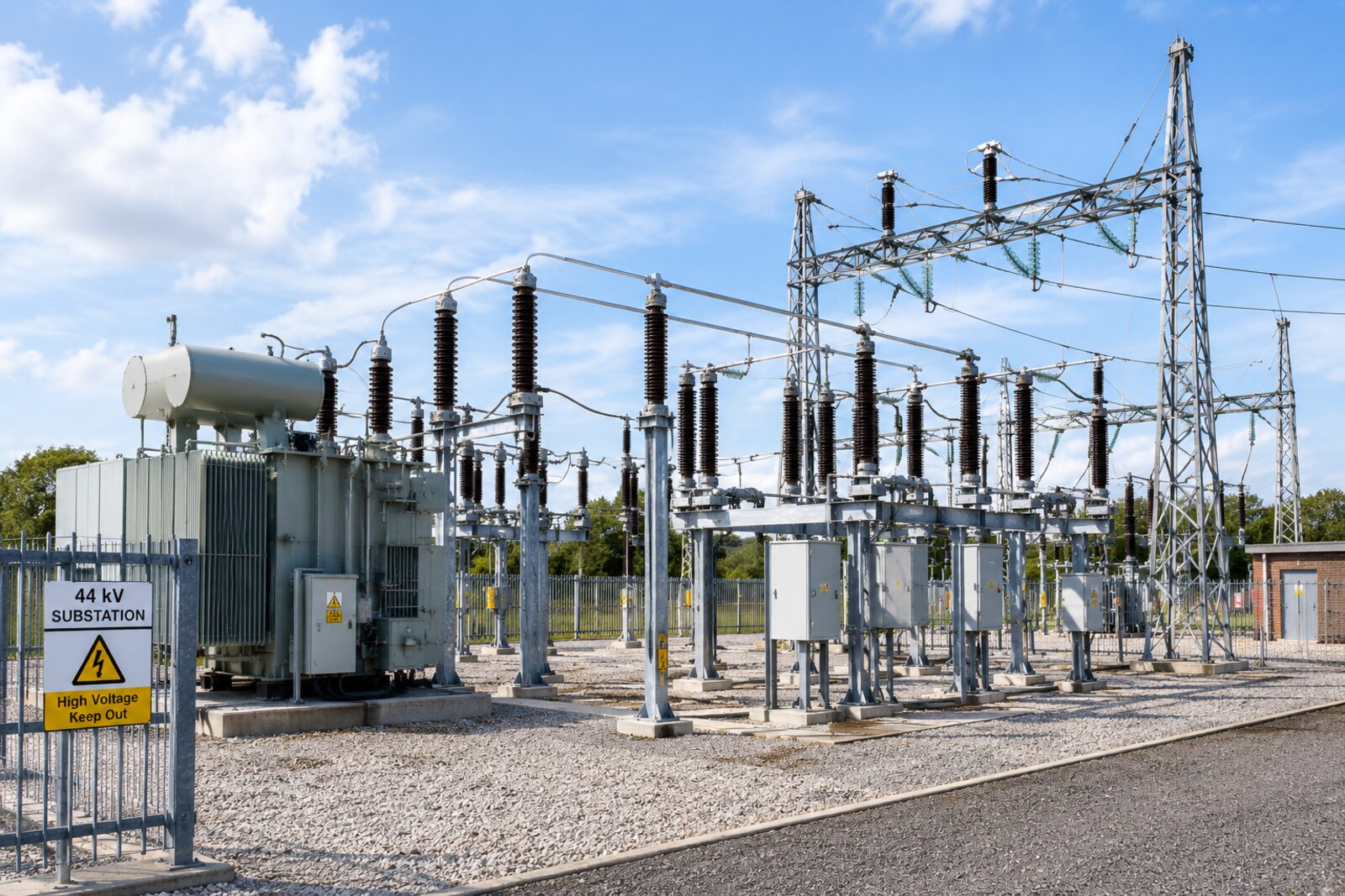 44 kV distribution substation: power transformer, outdoor circuit breakers, disconnectors and gantry structures